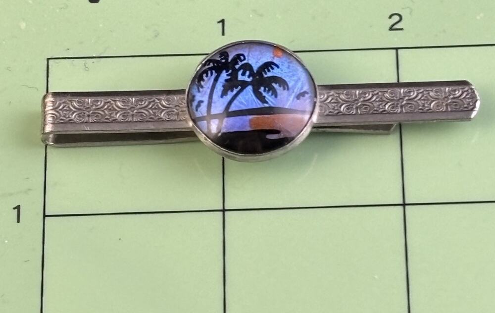 VTG Blue Morpho Butterfly Wing Tropical Scene Tie Bar Silver Tone 2 1/2" Wide